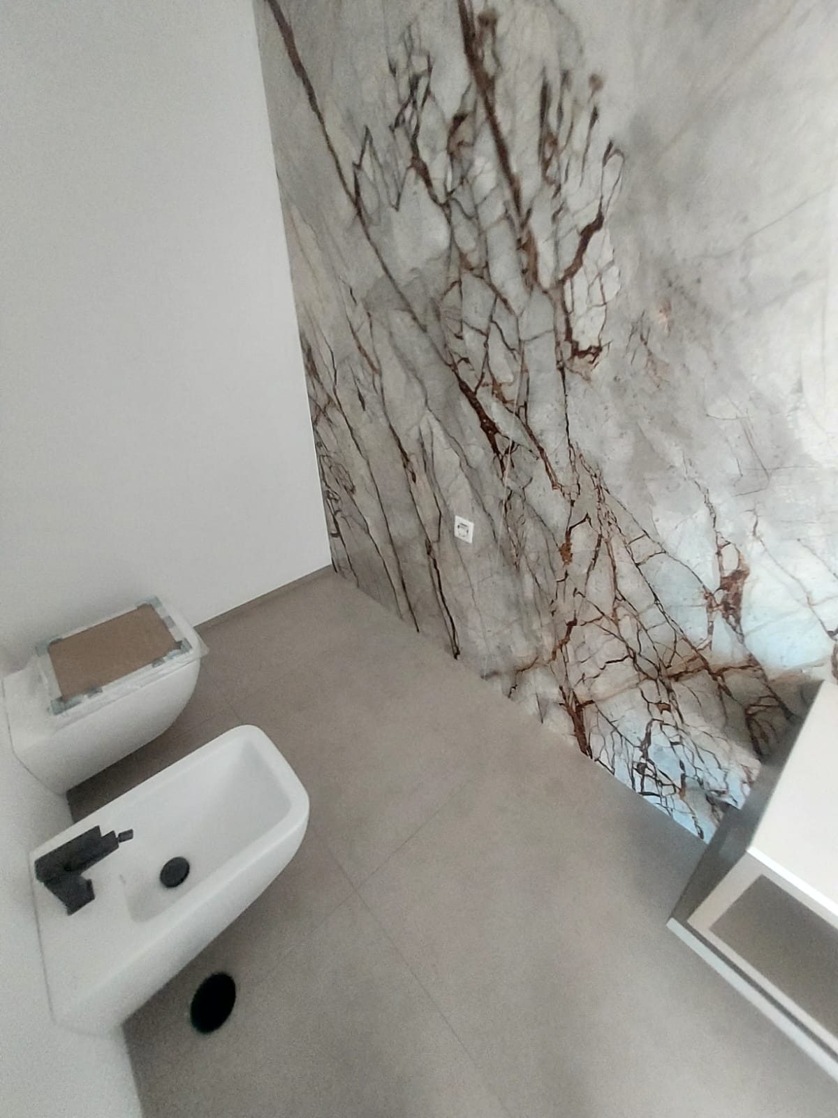 White marble feature wall with rust veining beside a wall-hung toilet and bidet
